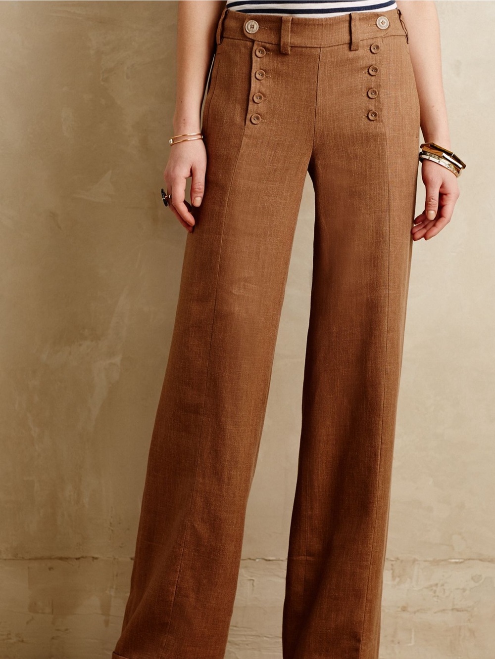 Anthropologie Elevenses Tailored Sailor Wide Leg Linen Blend Pants Honey Tan 12 View 2
